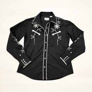 Panhandle Slim Black Rockabilly Western Embroidered Snap Button Shirt Size L